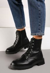 Czarne Casualowe Botki w Stylu Traperów Ravithra. Czarne botki damskie Renee, z jeansu, biznesowe, bez obcasa, na obcasie, bez zapięcia. Za 129.99 zł.