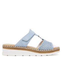 Klapki Rieker. Niebieskie klapki damskie Rieker, bez wzorów, bez obcasa. Za 209.99 zł.