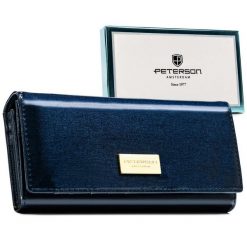 Granatowy, poziomy portfel damski ze skóry naturalnej i ekologicznej wyposażony w system RFID - Peterson. Niebieskie portfele damskie Peterson, bez wzorów, ze skóry. Za 70.00 zł.