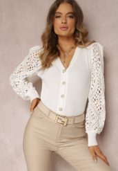 Biały Kardigan z Ażurowymi Rękawami Leiri. Białe kardigany damskie Renee, z aplikacjami, z dzianiny. Za 149.99 zł.