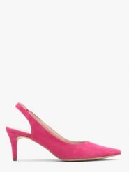 Czółenka typu slingback w kolorze fuksji. Fioletowe czółenka damskie Ryłko, bez wzorów, z gumy, bez obcasa, na szpilce. W wyprzedaży za 279.99 zł.