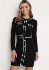 Czarna Sweterkowa Sukienka Mini Blomanda. Czarne sukienki damskie Born2be, s, bez wzorów, bez kołnierzyka, bez ramiączek, mini, dopasowane. W wyprzedaży za 87.99 zł.