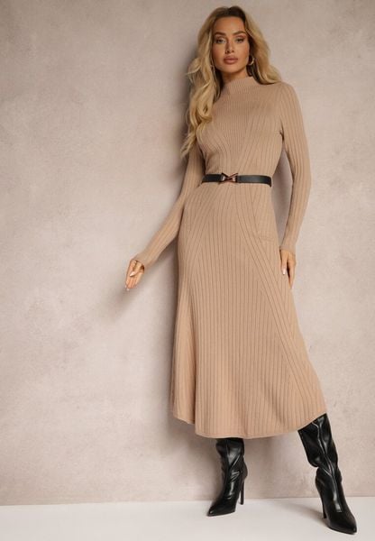 Ciemnobeżowa Dzianinowa Sukienka z Eleganckim Paskiem i Dodatkiem Wełny Nirillia. Brązowe sukienki damskie Renee, na co dzień, m, z aplikacjami, z dzianiny, eleganckie, bez kołnierzyka, bez ramiączek, maxi, dopasowane. Za 159.99 zł.