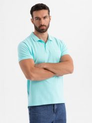 Polo koszulka z bawełnianej dzianiny pique – błękitna V2 OM-POSS-0103 - XXL. Niebieskie koszulki polo męskie Ombre Clothing, l, bez wzorów, z bawełny, bez ramiączek. W wyprzedaży za 79.99 zł.