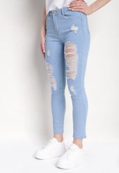 Niebieskie Skinny Jeansy z Wysokim Stanem i Dziurami Lainera. Niebieskie jeansy damskie Born2be, z podwyższonym stanem. Za 54.99 zł.