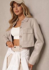 Beżowa Koszulowa Kurtka z Ekoskóry o Krótkim Kroju z Kieszeniami Sesadoris. Brązowe kurtki damskie Renee, l, bez wzorów, z jeansu, bez kaptura. Za 159.99 zł.
