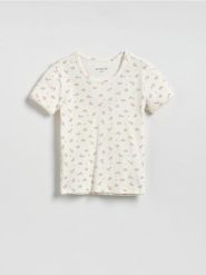 Wzorzysty t-shirt - złamana biel. Koszulki dziewczęce Reserved, bez wzorów, z bawełny, bez ramiączek. Za 27.99 zł.