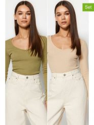 Trendyol Koszulki (2 szt.) w kolorze beżowym i oliwkowym rozmiar: M. Brązowe t-shirty damskie Trendyol, m, bez wzorów, z bawełny, bez kołnierzyka. Za 78.99 zł.