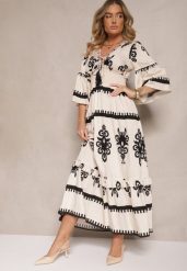 Biało-Czarna Boho Sukienka z Wiskozą z Szeroką Gumką w Talii w Etniczny Wzór Efalios. Czarne sukienki damskie Renee, na co dzień, m, bez wzorów, z wiskozy, boho, bez kołnierzyka, bez ramiączek, maxi, proste. W wyprzedaży za 132.99 zł.