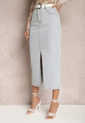Jasnoniebieska Jeansowa Spódnica Bawełniana Midi z Rozcięciem Urbiana. Niebieskie spódniczki damskie Renee, l, bez wzorów, z bawełny, eleganckie, z podwyższonym stanem, maxi. Za 139.99 zł.