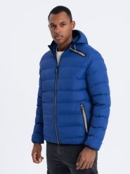 Kurtka męska pikowana z kontrastowymi zamkami - indygo V4 - Rozmiar: L. Kurtki męskie Ombre Clothing, l, bez wzorów, z kapturem. W wyprzedaży za 99.99 zł.