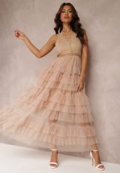 Beżowa Sukienka Koktajlowa z Koronkową Górą i Rozkloszowanym Tiulowym Dołem Venisa. Brązowe sukienki damskie Renee, na imprezę, m, bez wzorów, z koronki, eleganckie, bez kołnierzyka, bez ramiączek, maxi, rozkloszowane. W wyprzedaży za 199.99 zł.