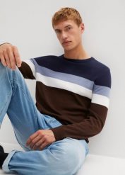 Sweter z dzianiny o splocie drobnych oczek, we wzór colourblocking, z bawełny. Niebieskie swetry męskie bonprix, l, bez wzorów, z bawełny, bez kołnierzyka. Za 112.99 zł.