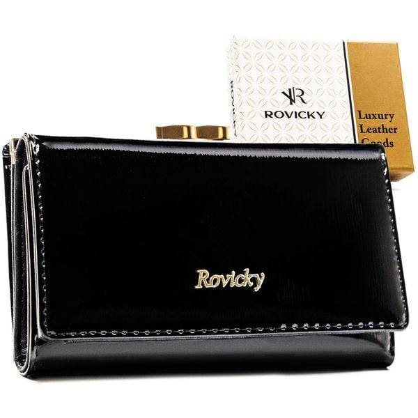 Czarny portfel damski z lakierowanej skóry naturalnej zamykany na zatrzask i bigiel - Rovicky. Czarne portfele damskie ROVICKY, bez wzorów, ze skóry. Za 83.99 zł.
