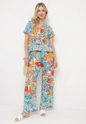 Jasnoniebieski Komplet z Wiskozy w Stylu Boho Bluzka i Szerokie Spodnie Valisha. Niebieskie spodnie materiałowe damskie Born2be, bez wzorów, z wiskozy, boho. Za 79.99 zł.
