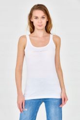 EMPORIO ARMANI Top biały z dżetowym logo. Białe topy damskie Emporio Armani, s, bez wzorów, z bawełny, bez kołnierzyka. W wyprzedaży za 223.99 zł.