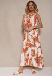 Pomarańczowa Sukienka z Wiskozą w Kwiaty Liorissa. Brązowe sukienki damskie Renee, na imprezę, l, z aplikacjami, z wiskozy, eleganckie, bez kołnierzyka, bez ramiączek, maxi. W wyprzedaży za 69.99 zł.
