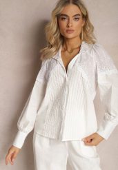 Biała Bawełniana Koszula w Stylu Retro ze Stójką Ozdobiona Ażurowymi Wstawkami Hesllema. Białe koszule damskie Renee, l, w ażurowe wzory, z bawełny, eleganckie, bez kołnierzyka, bez ramiączek. Za 89.99 zł.