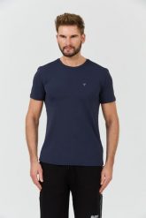 GUESS Granatowy t-shirt New Tech Str T. Niebieskie t-shirty męskie Guess, l, z aplikacjami, bez kołnierzyka. W wyprzedaży za 182.99 zł.