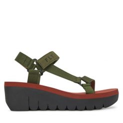 Sandały Fly London. Zielone sandały damskie Fly London, bez wzorów, bez obcasa, na koturnie. Za 463.99 zł.