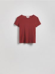 Bawełniany t-shirt slim fit - ciemnofioletowy. Fioletowe t-shirty damskie Reserved, l, bez wzorów, z bawełny, bez kołnierzyka. Za 99.99 zł.