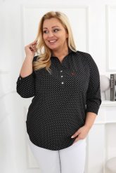 Elegancka czarna tunika w białe kropki PLUS SIZE XXL. Białe tuniki damskie Nasi partnerzy, plus size, bez wzorów, z poliesteru, eleganckie, bez kołnierzyka, plus size, bez ramiączek. Za 199.90 zł.