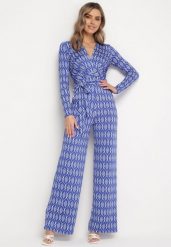 Granatowy Elegancki Kombinezon z Geometrycznym Wzorem i Wiązanym Paskiem Alullina. Niebieskie kombinezony damskie Born2be, l, bez wzorów, z dzianiny, eleganckie, bez kołnierzyka, bez ramiączek. Za 149.99 zł.