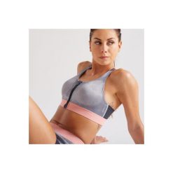 Stanik fitness kardio 900 ZIP szary z nadrukiem. Niebieskie biustonosze sportowe damskie DOMYOS, bez wzorów, z elastanu. Za 79.99 zł.