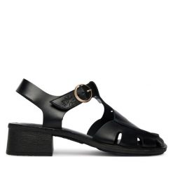 Sandały Fly London. Czarne sandały damskie Fly London, bez wzorów, bez obcasa, na słupku. Za 505.99 zł.