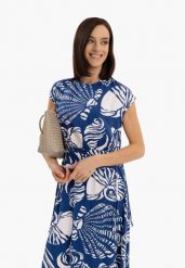 Długa, wzorzysta sukienka G-KAMELIA. Niebieskie sukienki damskie Volcano, l, bez wzorów, z materiału, klasyczne, bez kołnierzyka, bez ramiączek, maxi, dopasowane. Za 179.99 zł.