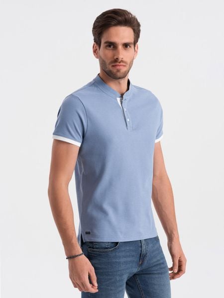 Koszulka męska polo bez kołnierzyka - niebieska V3 - Rozmiar: S. Niebieskie koszulki polo męskie Ombre Clothing, l, bez wzorów, z bawełny, bez ramiączek. W wyprzedaży za 39.99 zł.