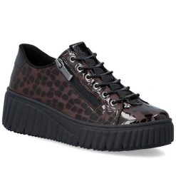 Półbuty damskie lakierowane sneakersy kroko brązowe Rieker N2555-25. Brązowe półbuty damskie Rieker, bez wzorów, z lakierowanej skóry, bez obcasa. Za 389.00 zł.