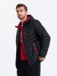 Sportowa kurtka męska pikowana - czarna V2 OM-JALP-0118 - M. Czarne kurtki treningowe męskie Ombre Clothing, m, bez wzorów, z nylonu. W wyprzedaży za 89.99 zł.