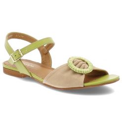 Sandały damskie Maciejka, skórzane na płaskim obcasie z broszką zapinane sprzączką, zielono-beżowe, 06957-09-00-1. Zielone broszki damskie Maciejka. Za 289.00 zł.