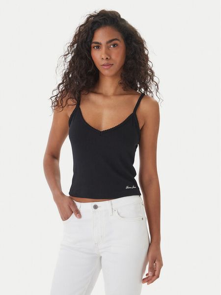 Guess Jeans Top W6GPB5 KG372 Czarny Regular Fit. Czarne topy damskie Guess Jeans, l, z aplikacjami, z jeansu, bez kołnierzyka. Za 139.99 zł.