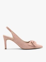 Różowe czółenka damskie bez pięty slingback z kokardą. Czerwone czółenka damskie Brawo sp. z o.o., bez wzorów, z materiału, bez obcasa, na obcasie. Za 379.99 zł.