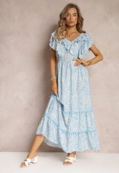 Niebieska Wiskozowa Sukienka Maxi z Falbanką przy Dekolcie i Gumką w Pasie Lamimore. Niebieskie sukienki damskie Renee, na imprezę, na lato, m, bez wzorów, z wiskozy, bez kołnierzyka, bez ramiączek, maxi. W wyprzedaży za 69.99 zł.