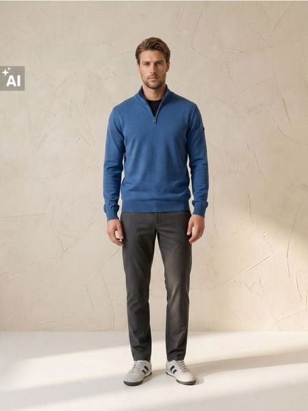 Bawełniany sweter half-zip - niebieski. Niebieskie swetry męskie Sinsay, l, bez wzorów, z bawełny, bez kołnierzyka. Za 59.99 zł.