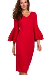 Sukienka na wesele elegancka midi z bufiastymi rękawami czerwona. Czerwone sukienki damskie Makover, na wesele, xl, bez wzorów, eleganckie, bez kołnierzyka, bez ramiączek, midi, dopasowane. Za 289.00 zł.