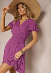 Fioletowa Sukienka z Bawełny z Gumką w Pasie z Dekoltem w Serek i Falbankami Quola. Fioletowe sukienki damskie Renee, na imprezę, l, bez wzorów, z bawełny, eleganckie, bez kołnierzyka, bez ramiączek, mini. Za 49.99 zł.
