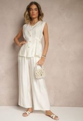 Jasnobeżowy Komplet Spodnie i Bluzka z Regulacją w Talii Zapinana na Guziki Dovanelle. Brązowe spodnie materiałowe damskie Renee, bez wzorów, eleganckie. Za 89.99 zł.