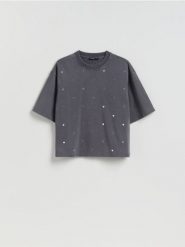 Bawełniany t-shirt z aplikacją - ciemnoszary. Szare t-shirty damskie Reserved, l, z aplikacjami, z bawełny, bez kołnierzyka. Za 79.99 zł.