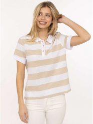 Zwillingsherz Koszulka polo "Stripes" w kolorze biało-beżowym rozmiar: XL. Białe bluzki damskie Zwillingsherz, xl, bez wzorów, z bawełny, bez kołnierzyka, bez ramiączek. Za 147.65 zł.