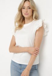 Biały Top z Bawełny Ozdobiony Ażurowymi Rękawami Nalathiel. Białe topy damskie Born2be, m, w ażurowe wzory, z bawełny, bez kołnierzyka. Za 34.99 zł.