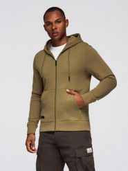 Rozpinana bluza męska dresowa BASIC – oliwkowa V2 - Rozmiar: L. Zielone bluzy z kapturem męskie Ombre Clothing, l, z dresówki. Za 209.99 zł.