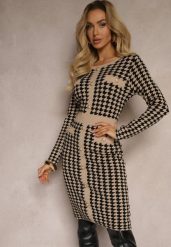 Beżowo-Czarna Sweterkowa Sukienka z Wiskozą w Pipetkę w Eleganckim Stylu Delassea. Brązowe sukienki damskie Renee, na jesień, m, bez wzorów, z dzianiny, eleganckie, bez kołnierzyka, bez ramiączek. W wyprzedaży za 83.99 zł.