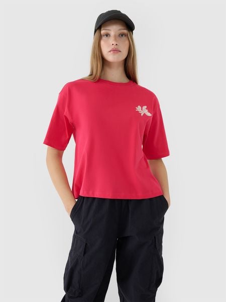 4F T-shirt oversize z nadrukiem damski - różowy M. Czerwone t-shirty damskie 4f, m, bez wzorów, z bawełny, bez kołnierzyka. W wyprzedaży za 39.99 zł.