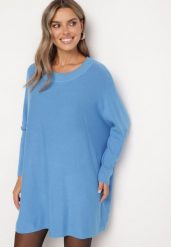 Niebieska Dzianinowa Sukienka z Wiskozą i Modalem Ozdobiona Ściągaczem Zinnoraia. Niebieskie sukienki damskie Born2be, na co dzień, m, bez wzorów, z dzianiny, eleganckie, bez kołnierzyka, bez ramiączek. W wyprzedaży za 79.99 zł.