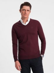 Sweter męski z dekoltem "w serek" z koszulowym kołnierzykiem - bordowy V8 OM-SWSW-0102 - XXL. Czerwone swetry męskie Ombre Clothing, l, bez wzorów, z bawełny, bez kołnierzyka. W wyprzedaży za 69.99 zł.