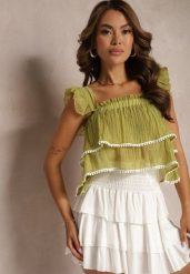 Jasnozielony Top na Ramiączkach z Falbankami i Możliwością Odpięcia Treviana. Zielone topy damskie Renee, l, bez wzorów, bez kołnierzyka. Za 39.99 zł.